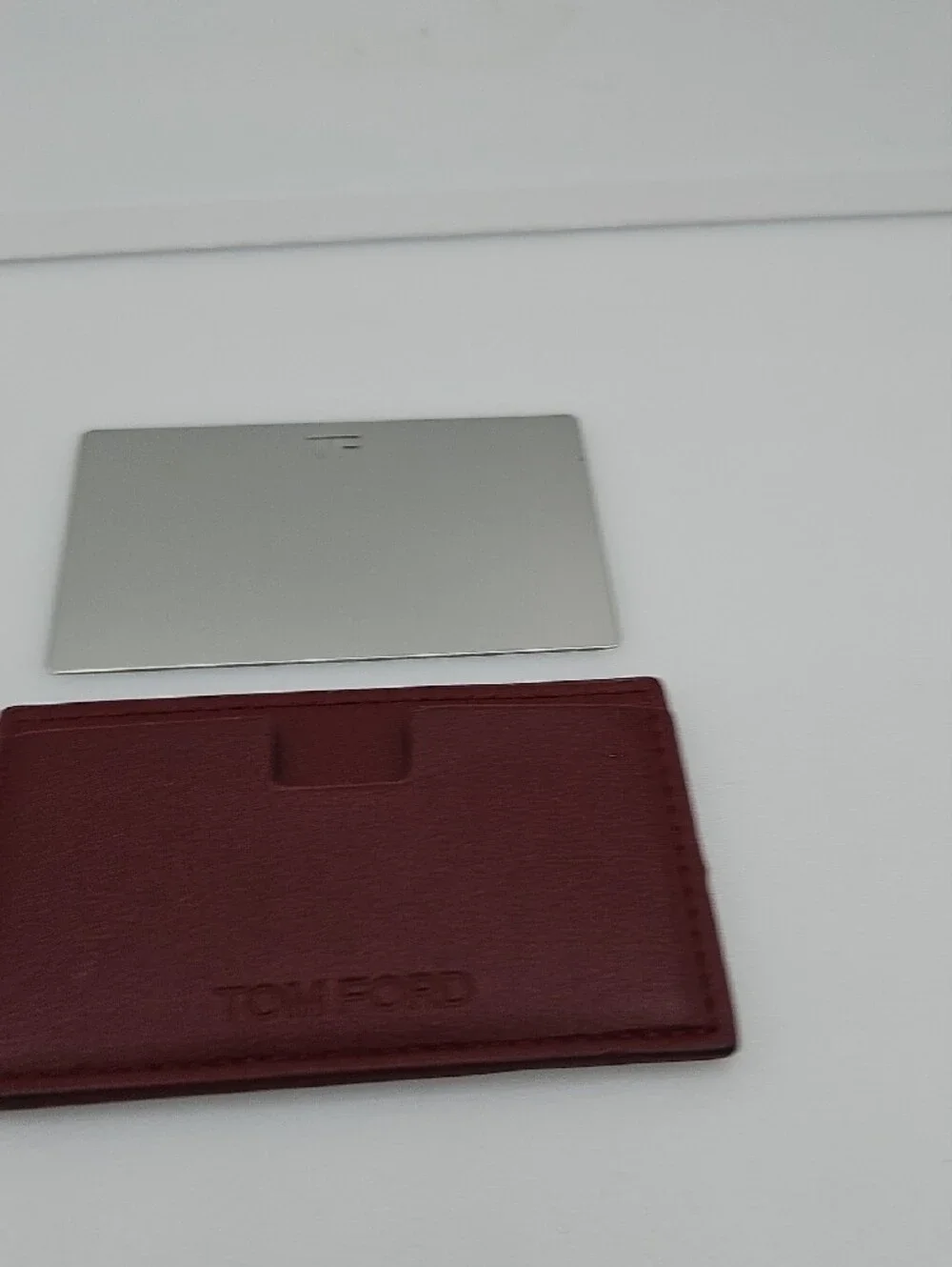 Tom Ford Silver Mirror Card with Burgundy Leather Card Sleeve